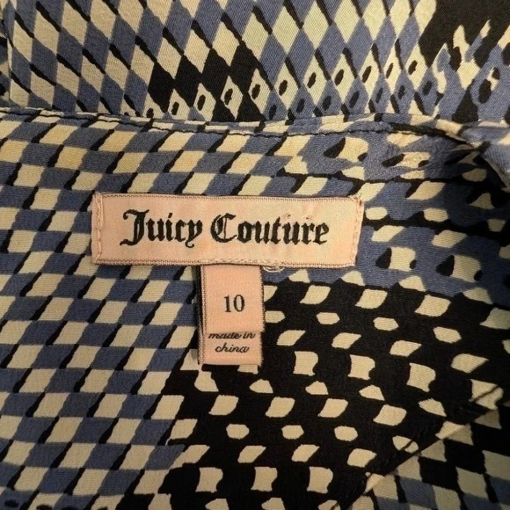 Juicy Couture Blue Geometric Abstract‎ 100% Silk Cap Sleeve Ruffle Dress 10